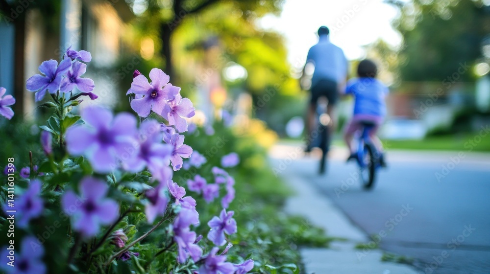 Family cycling, purple flowers, suburban street. Family cycling, purple flowers, suburban street.