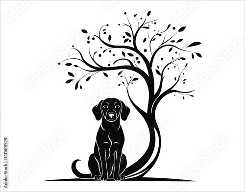 Loyal Dog Sitting by Tree – Black and White Line Silhouette