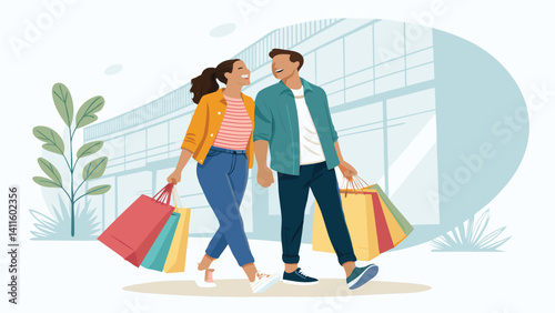 Joyful Couple Enjoying A Shopping Spree Together At The Mall With Bags Filled With Purchases And Smiles