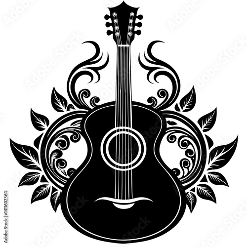Vector silhouette of a guitar with an elaborate curved body