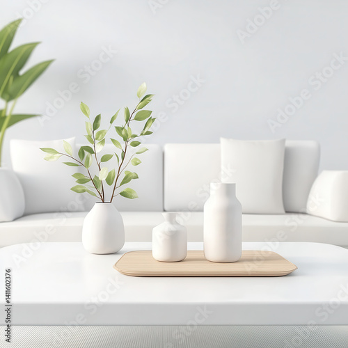 Minimalist Living Room with White Vases and Greenery on Coffee Table