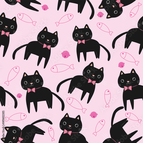 black cats  with  bow ties ,pink fishes, pink cat bells  seamless pattern , vector , illustration