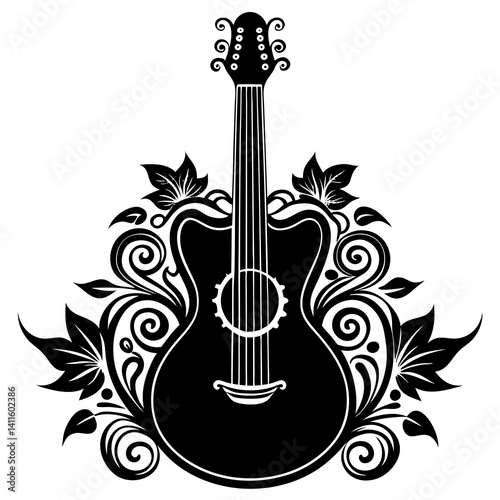 Vector silhouette of a guitar with an elaborate curved body
