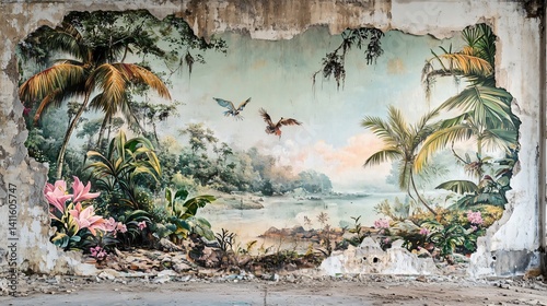 Tropical Mural Painting on Damaged Wall with Birds Flying