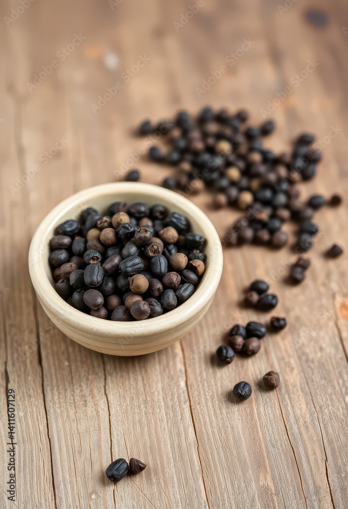 A small bowl brimming with black peppercorns sits on a weathered wooden table, fragrance, texture, peppercorns A small bowl brimming with black peppercorns sits on a weathered wooden table, fragrance, texture, peppercorns