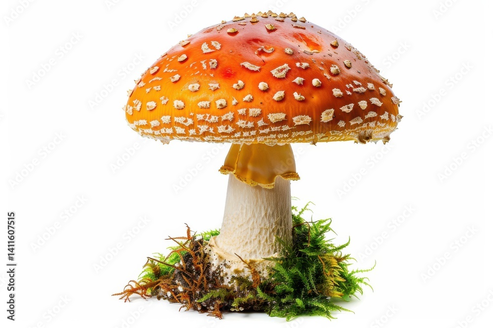 A vibrant orange mushroom with white spots growing on soft moss in a serene forest setting during daylight hours isolated on transparent background A vibrant orange mushroom with white spots growing on soft moss in a serene forest setting during daylight hours isolated on transparent background