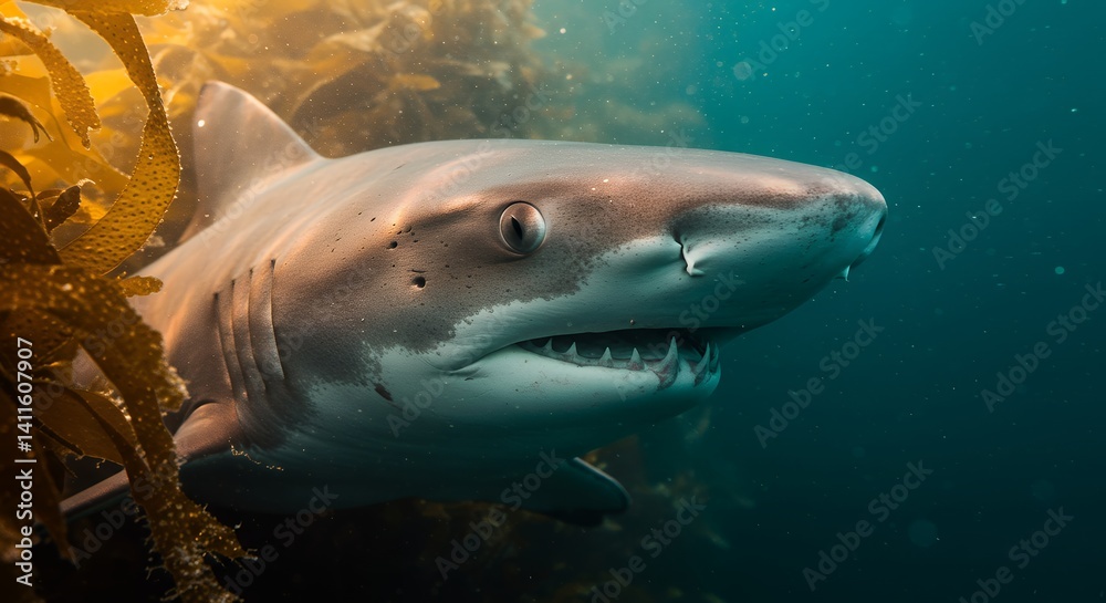 Fototapeta premium Sevengill Shark: Kelp Forest Portrait, Serene Underwater Beauty
