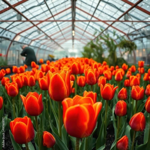 Fiery red & orange tulips in a rain-lashed greenhouse, juicy, garden