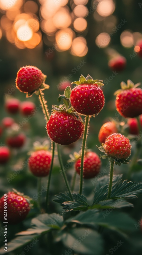 Lush strawberry plants in a serene garden at sunset, showcasing ripe fruit and vibrant greenery Lush strawberry plants in a serene garden at sunset, showcasing ripe fruit and vibrant greenery