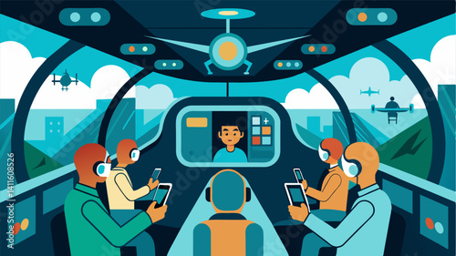 The interior of the air taxi is equipped with touch screens displaying realtime updates on each passengers health status giving peace of mind while in the air.. Vector illustration