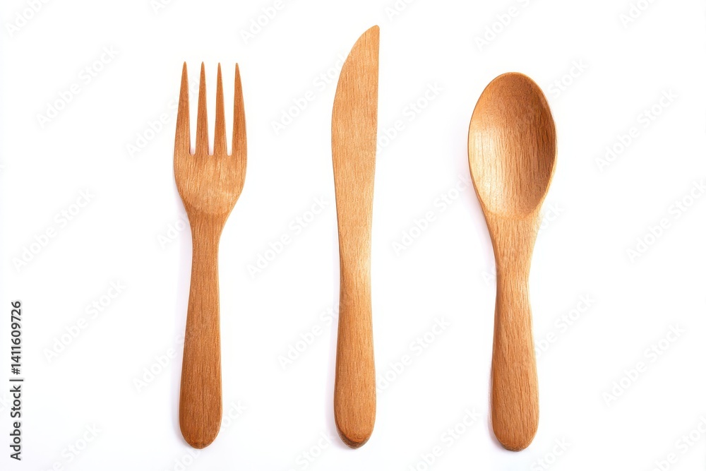 Wooden fork, knife, and spoon isolated on white background