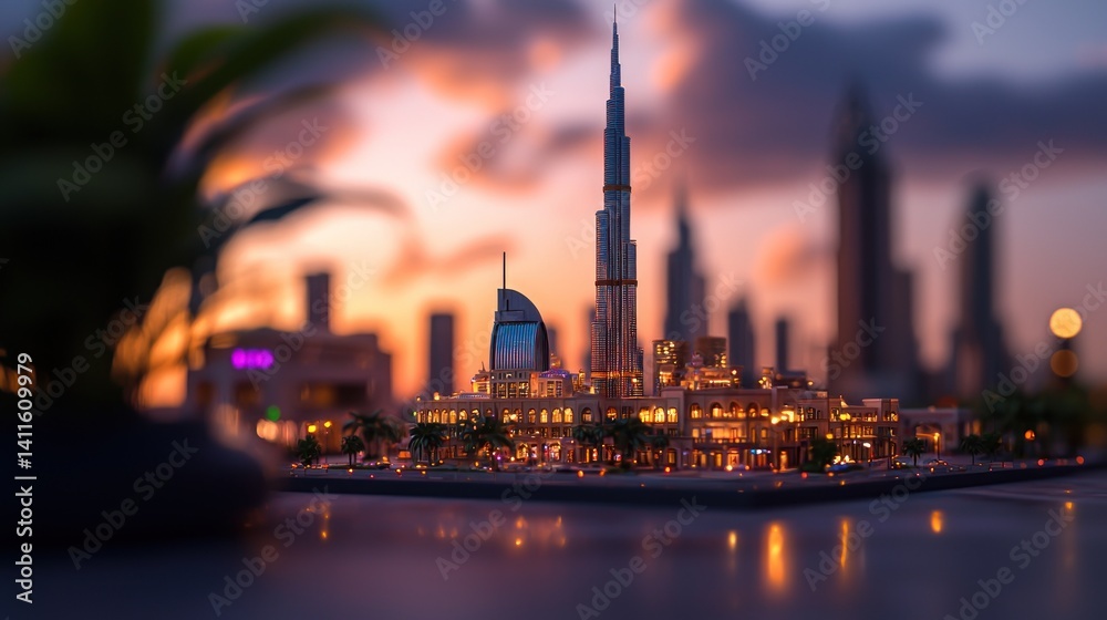 Obraz premium Miniature Dubai skyline at sunset, detailed model, illuminated city
