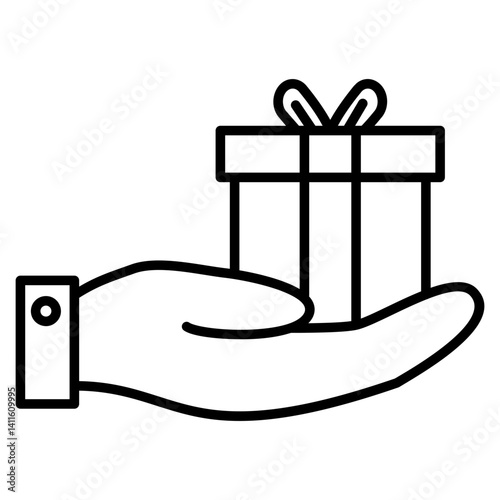 Icon of a hand offering a gift box, symbolizing rewarding customer loyalty or providing a special thank you to valued clients.