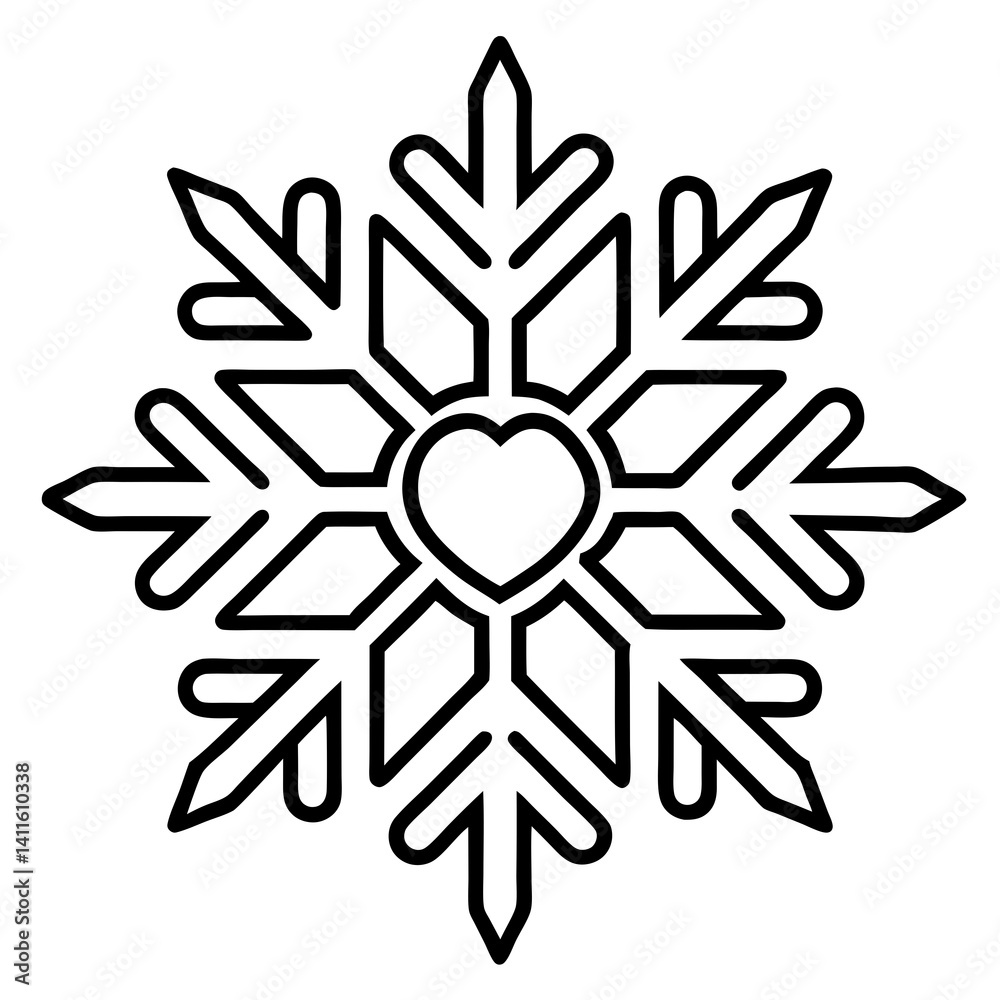 Intricate Heart-shaped Snowflake Line Art Intricate Heart-shaped Snowflake Line Art