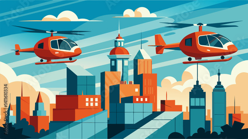 High above the city air taxis provide a breathtaking view as they elegantly touch down on the rooftop pads of iconic landmarks offering a unique way to experience the urban. Vector illustration