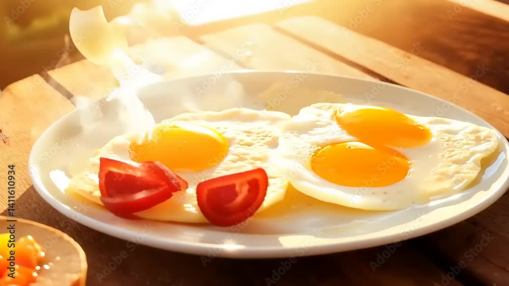 Fried eggs with sliced tomatoes on a wooden plate. Fried eggs with sliced tomatoes on a wooden plate.