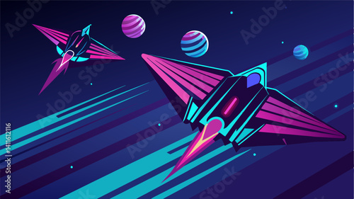 Neon lights illuminate the sleek designs of the eVTOLs as they zoom past each other creating a dazzling futuristic spectacle.. Vector illustration