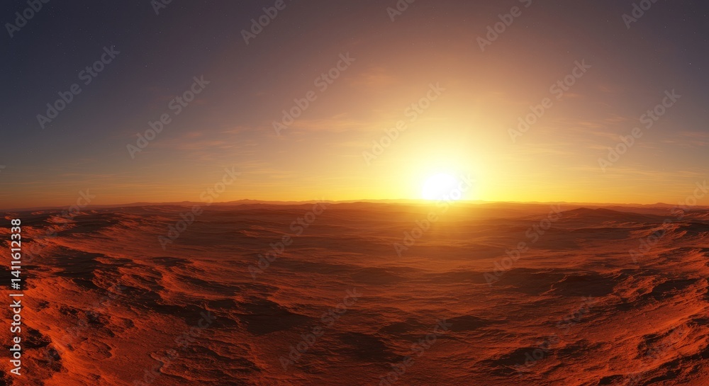 Naklejka premium Martian Sunrise Over Vast Plains - A breathtaking sunrise illuminates the desolate, reddish plains of a distant planet. Symbolizing exploration, solitude, hope, the unknown, and new beginnings