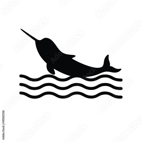 Narwhal silhouette leaping in ocean waves