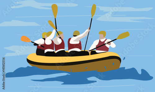 people rowing with paddles, swimming in inflatable boat in river
