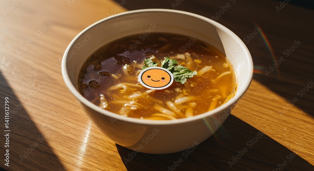 Warm Noodle Soup with Cheerful Garnish: A Sunny Culinary Scene Warm Noodle Soup with Cheerful Garnish: A Sunny Culinary Scene