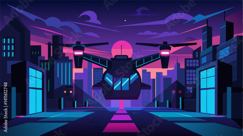At night the eVTOL is illuminated with neon lights adding to the futuristic and tingedge atmosphere of the tech park.. Vector illustration