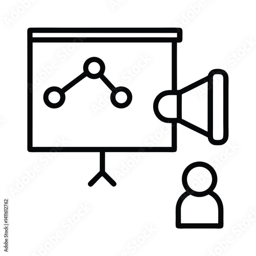 Presentation Board with Data Chart, Loudspeaker, and Simple Figure Icon 