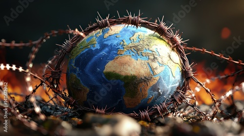 Earth caged in barbed wire, fire, global conflict