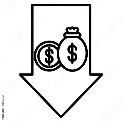 Icon of a dollar coin and money bag inside a large downward arrow, symbolizing financial loss, decrease in funds, or economic decline.