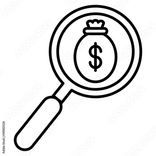 Icon of a magnifying glass focusing on a money bag with a dollar sign, representing financial analysis, search for wealth, or investment research.
