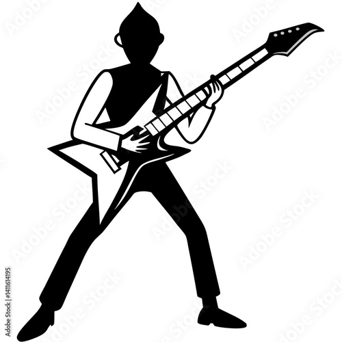 Vector silhouette of an electric guitar held by a figure in a standing playing pose 