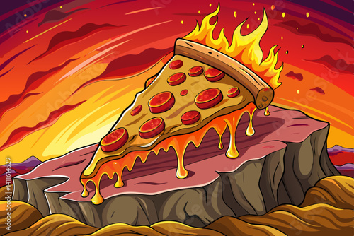 Delicious pizza slice vector cartoon with sauces on rock stage studio area