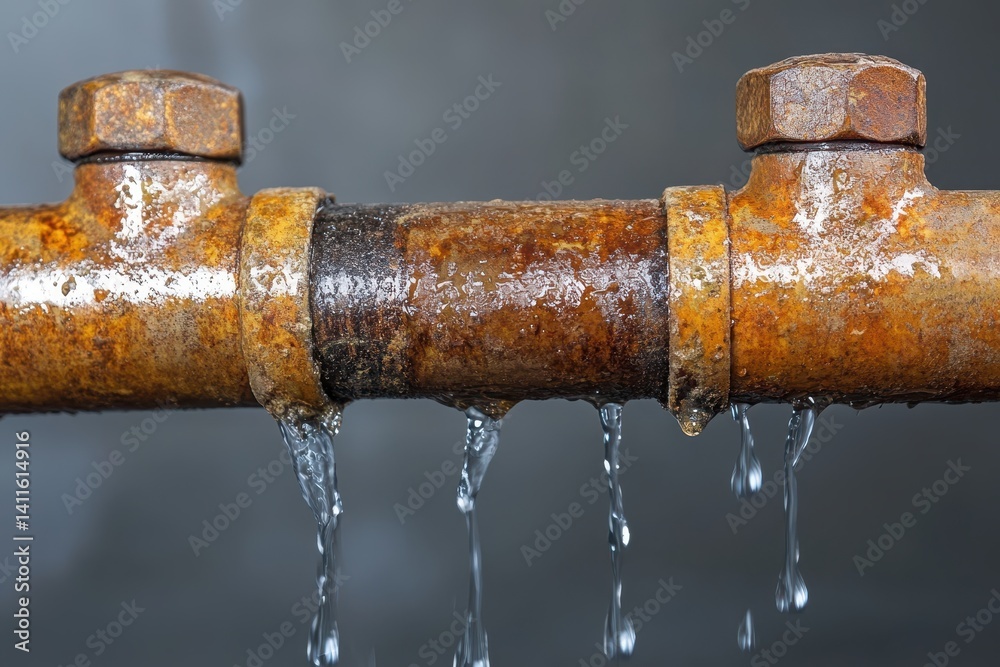 Leaky rusty pipe with water droplets against grey background. Perfect for illustrating plumbing problems, home repair or maintenance. Leaky rusty pipe with water droplets against grey background. Perfect for illustrating plumbing problems, home repair or maintenance.