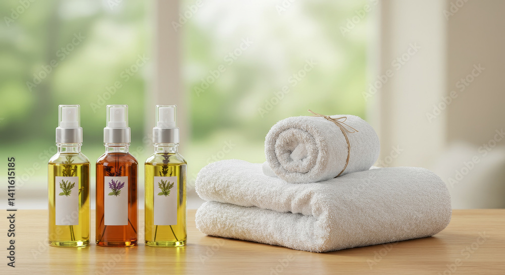 Spa Relaxation Kit: Essential Oils and Towels - Luxurious spa experience at home. Three essential oil bottles and soft, fluffy towels. Perfect for relaxation and self-care Spa Relaxation Kit: Essential Oils and Towels - Luxurious spa experience at home. Three essential oil bottles and soft, fluffy towels. Perfect for relaxation and self-care
