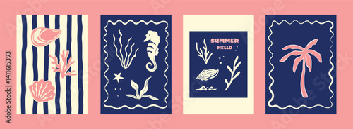 Boho summer posters. Flat summer beach background. Hand drawn palm tree, seashells, sun sea, wave, corals, marine icon. Tropical retro groovy surf club. Minimalist isolated vector illustration.