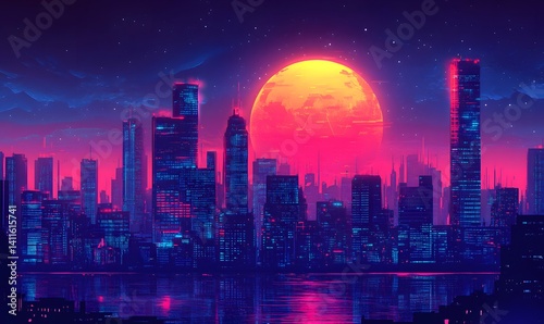 Wallpaper Mural A mesmerizing cityscape, a symphony of futuristic skyscrapers, is bathed in the warm glow of a vibrant sunset. Torontodigital.ca