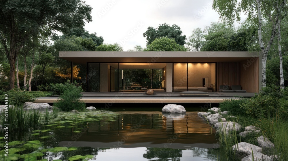 Obraz premium Modern minimalist house with serene garden and pond