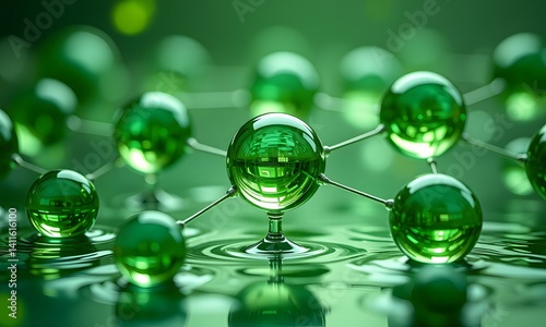 Glass sphere molecules in green color on glass table.