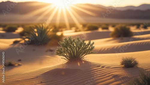 Desert Sunrise with Gentle Sunlight Embracing the Landscape