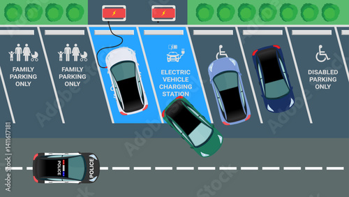 Car Parking Lot Top View – Family Parking, EV Charging Station, Disabled Zone, and Police Vehicle on Street. Vector Illustration