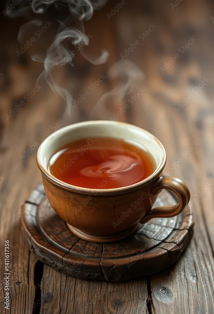 Steaming tea in rustic ceramic cup on weathered wood, wood grain, texture, shadow Steaming tea in rustic ceramic cup on weathered wood, wood grain, texture, shadow