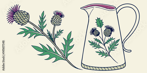 Flat style enamel jug with thistle and greenery

