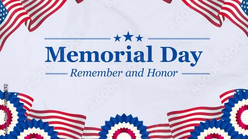 american theme memorial day background with flag and paper fan ornament, and white background