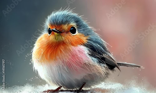 Adorable fluffy bird perched on snowy ground, detailed feathers, cute expression.