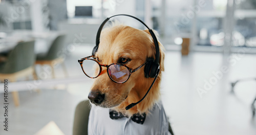 Quadro su tela Headset, glasses and dog call center consultant for dress up or fun role play for customer service