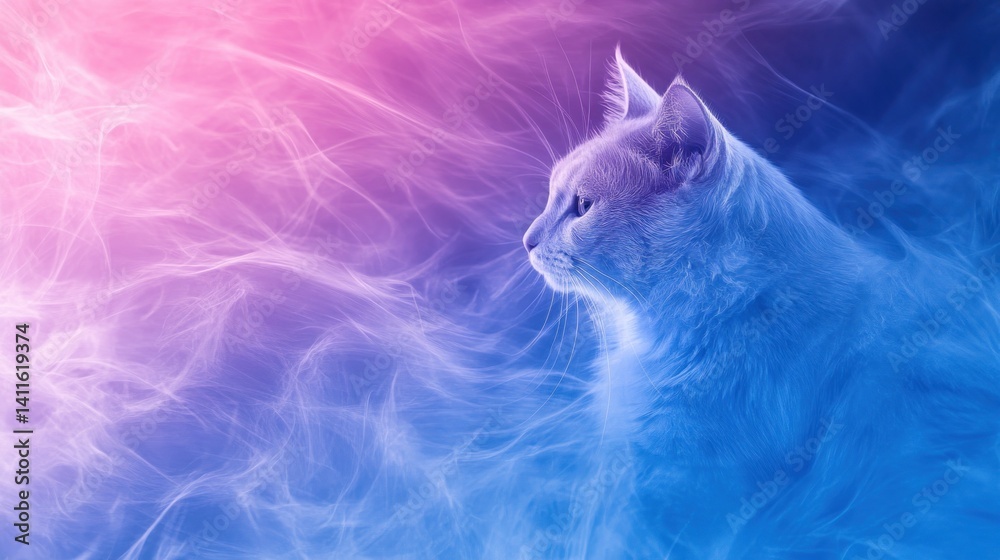 Fototapeta premium Mystical cat in a vibrant, ethereal smoke-filled space