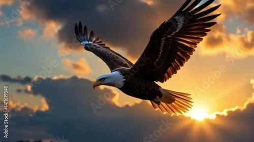 An eagle flying in the golden sunlight sky