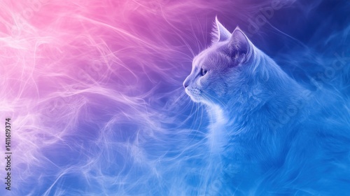 Mystical cat in a vibrant, ethereal smoke-filled space