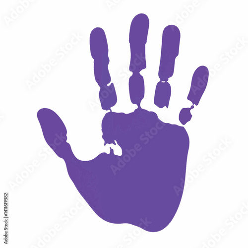 Purple handprint silhouette on white background, artistic expression