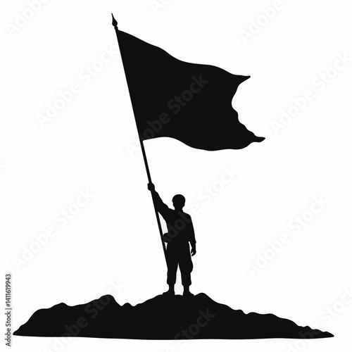 Soldier holding victory flag silhouette on sandy ground, VE Day symbolism